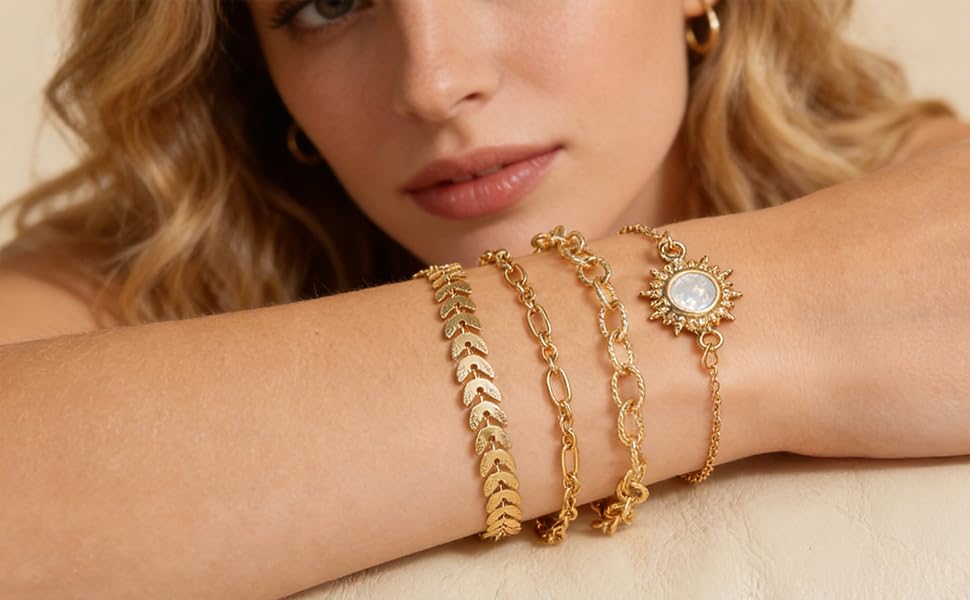 Alegend 14K Gold Plated Stackable Multilayer Bracelets + Titanium Steel(Not Rust, Resist Corruption, Easily Clean) 18K Gold Plated Single Bracelets - color: 14K Gold + 4PCS F