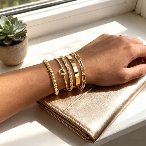 Gold Bracelets for Women, 5 Pcs Non-Tarnish Gold Plated Stackable Bangles with Beaded, Knot, Twisted, Cuff & Chain Designs, Everyday Jewelry Gifts - color: Gold-5pcs