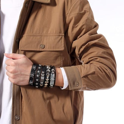 Braided Faux Leather Bracelet Punk Cuff Wrap Bracelets for Men Women Skull,Star,Bull bracelets - color: A3:5PCS