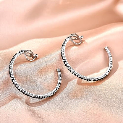 YOQUCOL 4.3CM(1.7in) Clip On Hoop Earrings Cubic Zirconia Non Pierced Ears Hoops for Women - color: Silver-Black