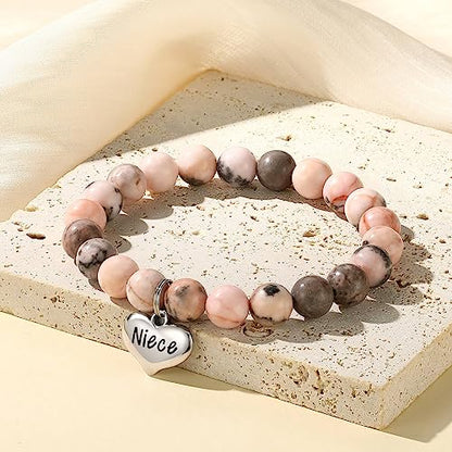 MIXJOY Inspirational Gifts for Women, Heart Charm Pink Elastic Beads Bracelet, Positive Affirmations Get Well Soon Gifts - style: niece charm to my niece never pink