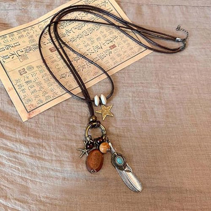 Boho Necklace for Women Long Layered Wooden Leather Leaf Pendant Statement Necklace Vintage Boho Jewelry - style: Feather