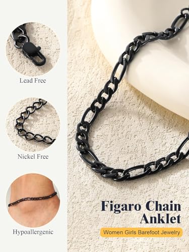 U7 Ankle Bracelets for Women Stainless Steel Waterproof Tarnish Resistant | 18K Gold Plated/Silver/Rose Gold Anklets, Cuban Chain Anklet Bracelets, Perfect for Summer Beach and Vacation Outfits - color: Black-5mm-Figaro Chain