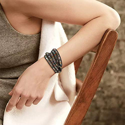 Emibele Layered Leather Bracelet, Rivet Leopard Print Bohemian Style Multilayer Wrap Bracelet, Handmade Agate Amethyst Chakra Crystal Glass Beaded Shell Bracelet for Women - color: Mixed Color