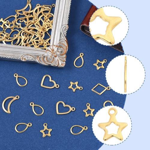 8-64Pcs Silver Goldern Color Heart Pendants Charms 10 Styles Heart Stainless Steel Metal Charms for Jewelry Making Crafting Necklaces Bracelets Earrings Keychains Birthday Gift - color: Golden 5 Shapes-60 pcs