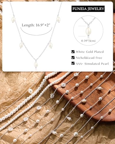 FUNEIA Dainty Pearl Necklace for Women 14K Gold Plated Faux Pearl Choker Necklaces Trendy White Silver Small Pearl Necklace Strand Wedding Prom Bridal Pearls Jewelry 14/16/18/20 Inches - color: I-Pearl Charm Necklace-Silver
