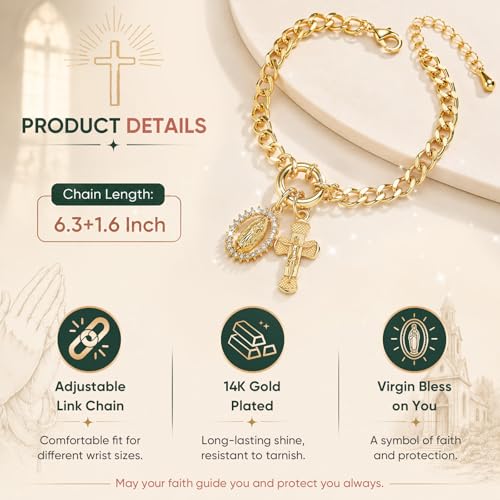 XUANPAI Virgin Mary Cross Bracelet for Women,14K Gold Plated Chain Bracelet,Virgen de Guadalupe Catholic Link Bracelet with Crucifix Charm, No Tarnish Religious Jewelry Gift for Baptism Confirmation - color: Gold-Cuban Link Chain