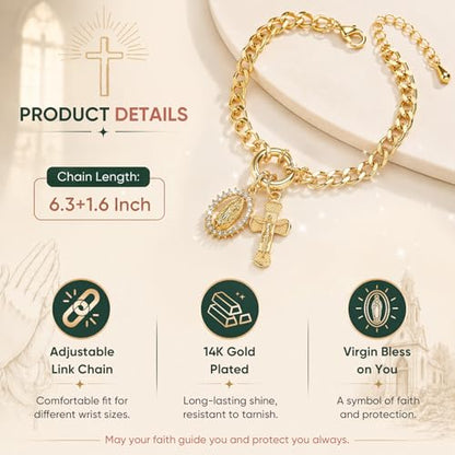 XUANPAI Virgin Mary Cross Bracelet for Women,14K Gold Plated Chain Bracelet,Virgen de Guadalupe Catholic Link Bracelet with Crucifix Charm, No Tarnish Religious Jewelry Gift for Baptism Confirmation - color: Gold-Cuban Link Chain
