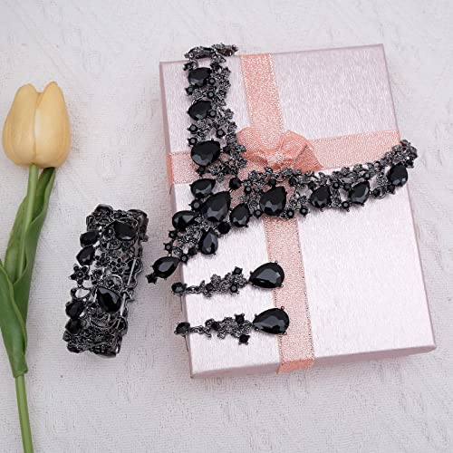 CSY Elegant Crystal Costume Jewelry Sets Flower Bridal Necklace Earrings Stretch Bangle Set for Bride Bridesmaid Wedding Dress Accessories - color: black
