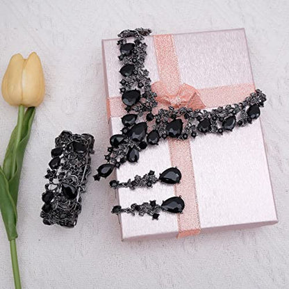 CSY Elegant Crystal Costume Jewelry Sets Flower Bridal Necklace Earrings Stretch Bangle Set for Bride Bridesmaid Wedding Dress Accessories - color: black