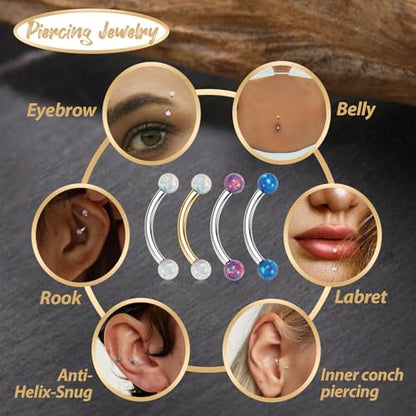 GAGABODY Titanium Eyebrow Jewelry - Curved Barbell & Labret Stud, 16g - Belly Button Ring & Cartilage Earring - Opal Bridge Jewelry - color: 1Pc-Silver+Ball Shape White Opal