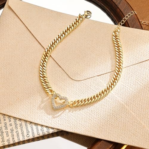 Moodear Gold Ankle Bracelets for Women Waterproof,14K Gold Plated Anklets | Waterproof, Non Tarnish Cuban Link Anklets, Trendy Jewelry Accessories for Summer Vacation, Beach Gifts for Women - style: Cuban CZ Heart