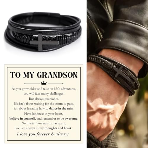 To My GrandSon Bracelet – Cross Braided Leather Bracelet, Meaningful GrandSon Gift from Grandpa & Grandma with Heartfelt Message Card & Elegant Gift Box for Birthday, Christmas, Graduation - color: Version#6