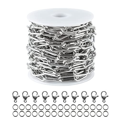 Silver Stainless Steel Chain Link 16.4 Feet Oval Paperclip Cable Necklace Chains Bulk with Lobster Clasps and Jump Rings for Men Women Jewelry Chain DIY Making - color: Steel Paperclip Chain_17x7mm