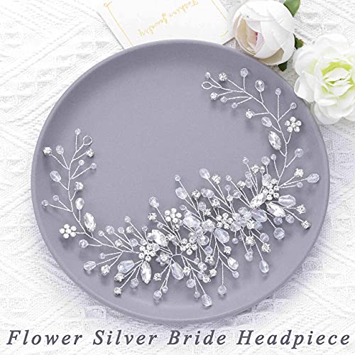 Bride Flower Wedding Hair Vine Crystal Bridal Hair Piece Rhinestone Party Hair Accessories Leaf Hair Jewelry Bead Headpiece for Women - color: Silver