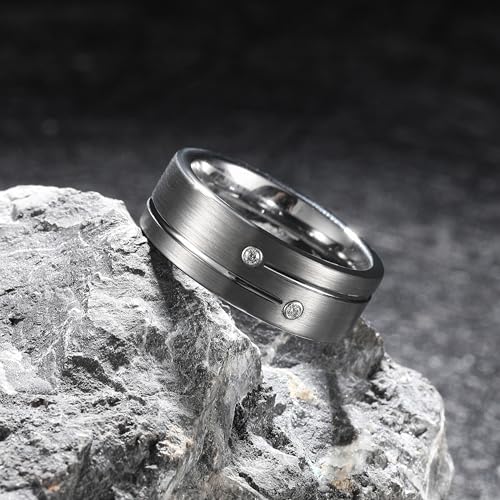 King Will Mens Tungsten Wedding Band with Cubic Zircon Inlay 7mm/8mm Flat Cut Comfort Fit Engagement Rings - color: C-Silver-8mm