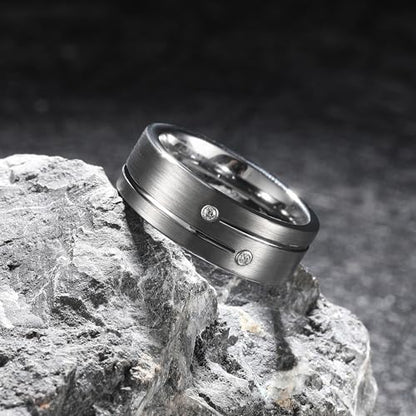 King Will Mens Tungsten Wedding Band with Cubic Zircon Inlay 7mm/8mm Flat Cut Comfort Fit Engagement Rings - color: C-Silver-8mm