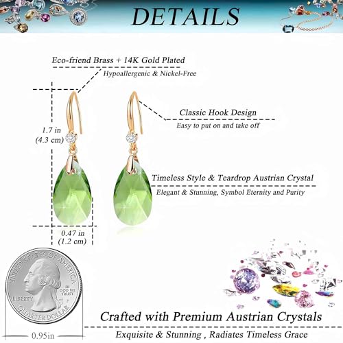 Austrian Crystal Teardrop Dangle Drop Earrings for Women 14K Gold Plated Hook Earring Hypoallergenic Jewelry Gifts for Women Girls - color: Fern Green