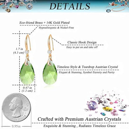 Austrian Crystal Teardrop Dangle Drop Earrings for Women 14K Gold Plated Hook Earring Hypoallergenic Jewelry Gifts for Women Girls - color: Fern Green