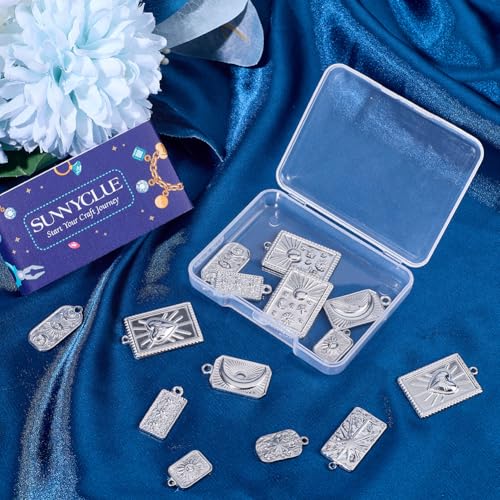 SUNNYCLUE 1 Box 16Pcs 8 Styles Stainless Steel Celestial Charms Silver Sun Moon Charms Bulk Assorted Shape Heart Star Tarot Alloy Magic Dangle Pendants for Jewelry Making DIY Crafting Supplies Women