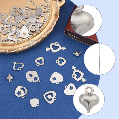 8-64Pcs Silver Goldern Color Heart Pendants Charms 10 Styles Heart Stainless Steel Metal Charms for Jewelry Making Crafting Necklaces Bracelets Earrings Keychains Birthday Gift - color: Silver-60 pcs