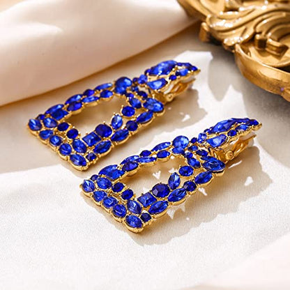 Flyonce Rectangle Clip-on Drop Earrings for Women, Sparkly Rhinestone Crystal Geometric Statement Non Pierced Earring Wedding Prom Party Jewelry for Brides Bridesmaid - color: Blue