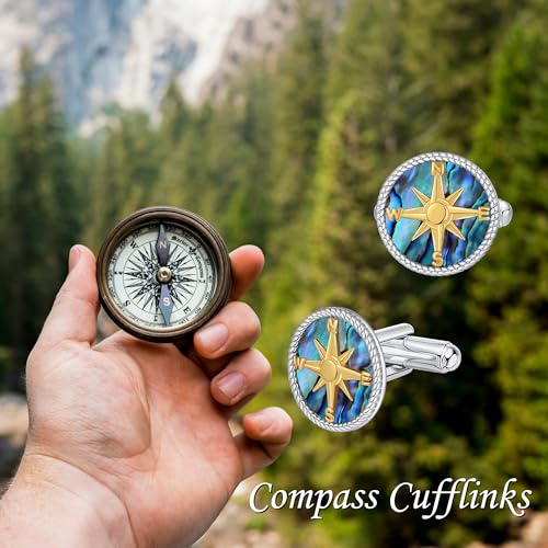 Cufflinks for Men Sterling Silver Abalone Shell Tuxedo Shirt Cuff Links Jewelry for Men Father Business Groomsmen - style: compass