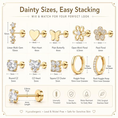 Surgical Stainless Steel Stud Earrings Set for Women | Hypoallergenic, Sensitive Flat Back, Small Cute Hoop Earring Sets, Lobe Helix Cartilage Stacks, Multiple Piercing Jewelry - color: Gold