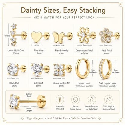 Surgical Stainless Steel Stud Earrings Set for Women | Hypoallergenic, Sensitive Flat Back, Small Cute Hoop Earring Sets, Lobe Helix Cartilage Stacks, Multiple Piercing Jewelry - color: Gold