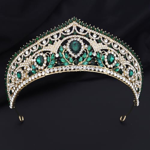 Princess Tiara Crown and Jewelry Sets for Women Wedding Rhinestone Crystal Tiaras and Crowns with Necklace Earrings Party Birthday Accessories - color: Gold Green