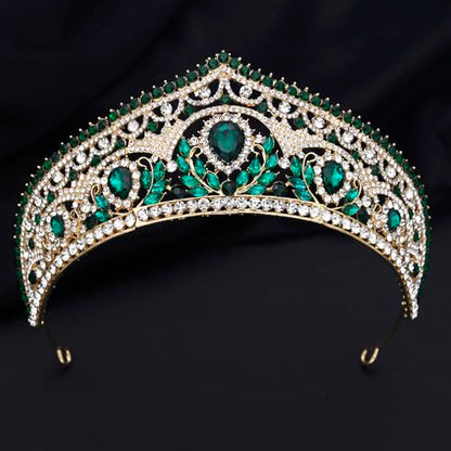 Princess Tiara Crown and Jewelry Sets for Women Wedding Rhinestone Crystal Tiaras and Crowns with Necklace Earrings Party Birthday Accessories - color: Gold Green
