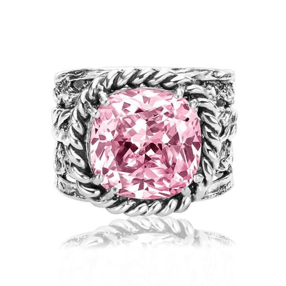 JEAN RACHEL JEWELRY 925 Sterling Silver Braid Leaf Cushion Ring | Ornate statement ring beautifully adorned with sculpted leaf motifs, twisted rope braids, and a CZ center stone. - color: Pink CZ