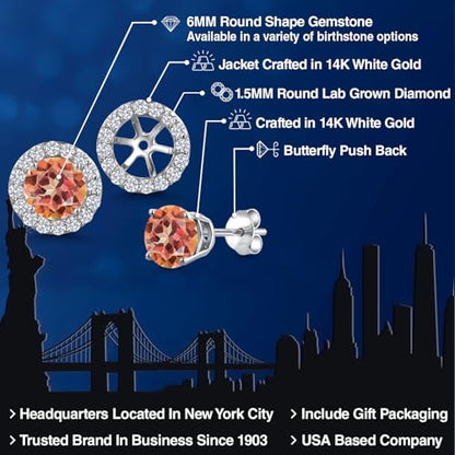 Gem Stone King 14K White Gold 6MM Round Gemstone Birthstone Stud Earrings with Removable Jackets and Lab Grown Diamond Accents | Gold Earrings For Women | Fine Jewelry Gift for Her Mom Women Wife - color: Ecstasy Mystic Topaz