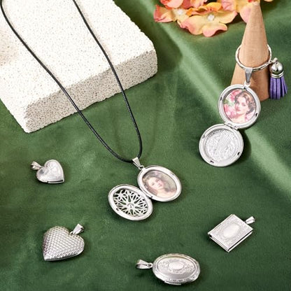 6Pcs 316 Stainless Steel Locket Pendants Heart Oval Flat Round Rectangle Photo Frame Charms Silver Locket Charms for Necklaces DIY Memorial Necklace Making - color: Golden Color, 6 Styles