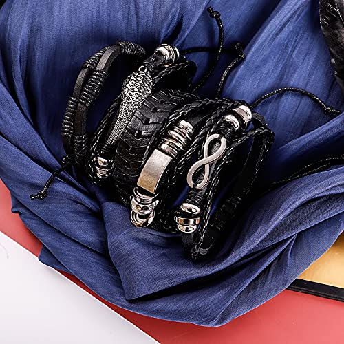 5 Pcs Braided Leather Bracelets for Men Women Woven Cuff Bracelet Adjustable - color: Black