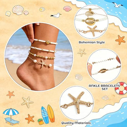 8Pcs Boho Shell Anklets Set, Adjustable Summer Beach Foot Jewelry | Handmade Seashell Starfish Ankle Bracelets for Women, Ocean Accessories for Summer Vacations, Hawaiian Trips or Pool Parties