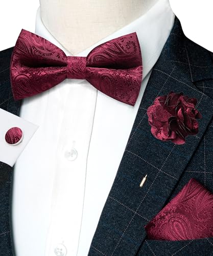 JEMYGINS Mens Paisley Bow Tie and Lapel Pin Necktie Pocket Square and Tie Clip with Sets for Business Casual 4PCS - color: Burgundy