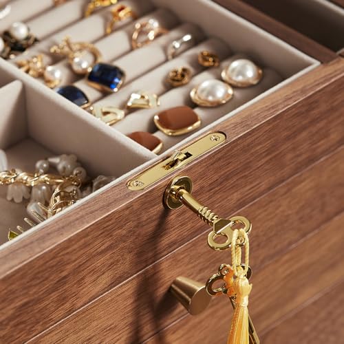 CHOSIN Black Walnut Wooden Jewelry Box for Women with Lock, Mirror, 6 Layer | Lockable wity Key, 5 Drawers, 2 Side Doors, Large Storage for Necklaces, Earrings, Rings, Watches, Brooches, Women Gifts - size: 6 Layer - Full Lock