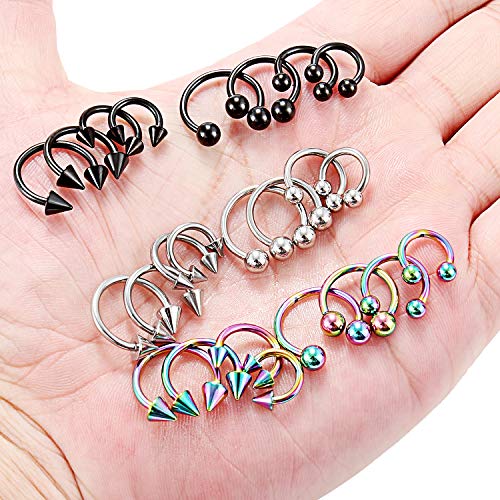 Ruifan 8-24PCS 14G Surgical Steel Nose Septum Horseshoe Hoop Earring Eyebrow Tragus Lip Piercing Ring Balls & Spikes 8-14mm - color: 24PCS - Mix Color 2#