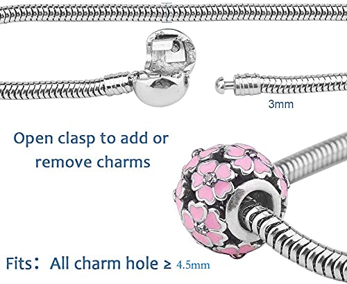 PH PandaHall 7.8 Inch Charm Bracelet Bead Charms Stainless Steel | European Snake Chain Bracelets with Round Barrel Snap Clasp For Women Bracelet DIY Jewelry Making