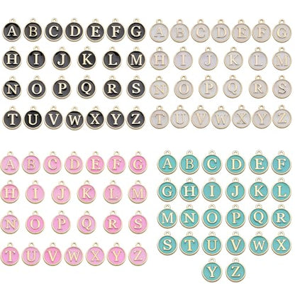 A-Z Letter Charms Round Enamel Alphabet Initial Pendant for Jewelry Making,Double-Side for Necklace Bracelet Earring DIY Craft - color: 4 sets(104pcs)-White,Black,Pink,Blue