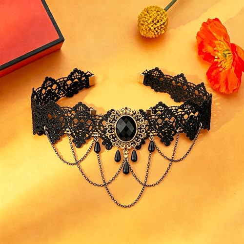 coadipress Gothic Lace Choker Necklace for Women Crystal Royal Court Vampire Choker Gothic Necklace Retro Handmade Halloween Gifts