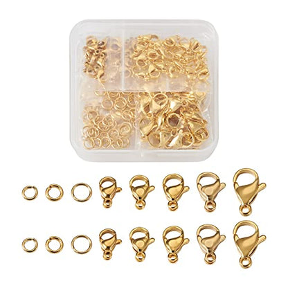PH PandaHall 220Pcs Stainless Steel Lobster Claw Clasps Open Jump Rings Set Real 24K Gold Plated Jewelry Lobster Clasp 5 Sizes Bracelet Necklace Clasp Closures for Jewelry Making, 1 Box