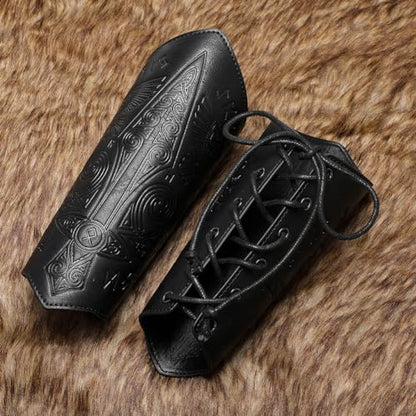 Medieval Leather Bracers Dragon Embossed Viking Leather Bracers Leather Arm Armer Cuff Leather Gauntlet Costumes Accessories - style: Medieval Sward Pattern Leather Bracers-black