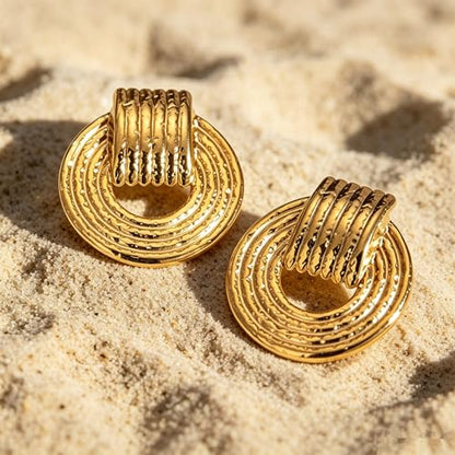 Gold Statement Earrings For Women, 14K Gold Plated Textured Geometric Drop Earrings - Hypoallergenic Stainless Steel Statement Earrings for Women, Waterproof Fan-Shaped Dangle Earrings for Beach & Daily Wear - color: Circle DKE252060GL
