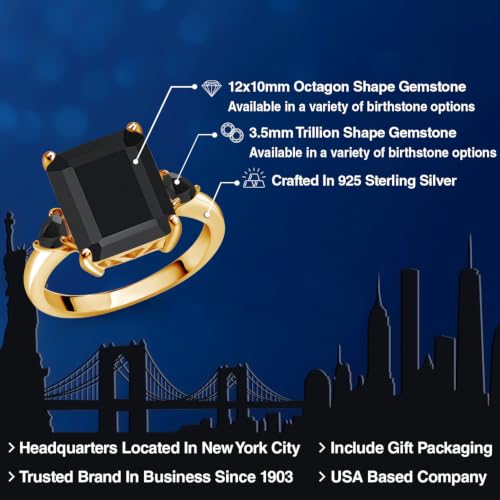 Gem Stone King 6.01 Cttw Black Onyx 3-Stone Ring For Women | 18K Yellow Gold Plated Silver | Emerald Cut 12X10MM | Gemstone Birthstone | Three Stone Wedding Anniversary Promise Ring