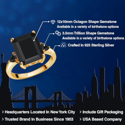 Gem Stone King 6.01 Cttw Black Onyx 3-Stone Ring For Women | 18K Yellow Gold Plated Silver | Emerald Cut 12X10MM | Gemstone Birthstone | Three Stone Wedding Anniversary Promise Ring