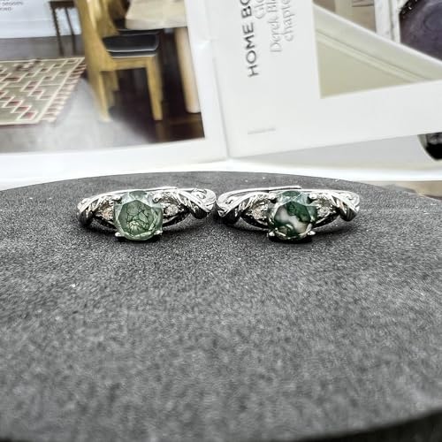 Moss Agate Ring for Women Silver Vintage Open Adjustable Green Gemstone | Natural Moss Agate Stone; Unique Green Gemstone Pattern; Vintage Silver Rings Design; Open Adjustable Fit