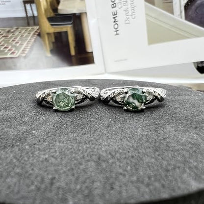 Moss Agate Ring for Women Silver Vintage Open Adjustable Green Gemstone | Natural Moss Agate Stone; Unique Green Gemstone Pattern; Vintage Silver Rings Design; Open Adjustable Fit
