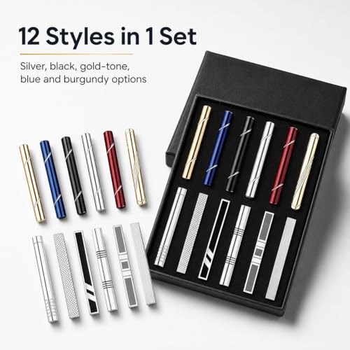 12Pcs Tie Clips for Men - Regular Ties Silver Black Gold Tie Bar Set for Wedding Business Formal Necktie Accessories